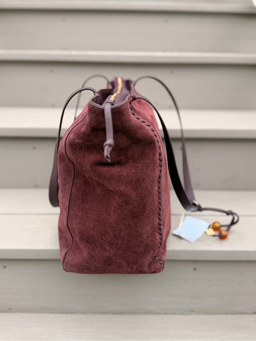 NWT Lucky Brand Burgundy Suede Leather Boho Tote Bag - Picture 7 of 15